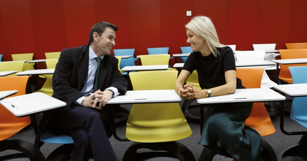 Picture of Patrick and Sandra Thorpe chatting in the Challenge Based Learning Lab